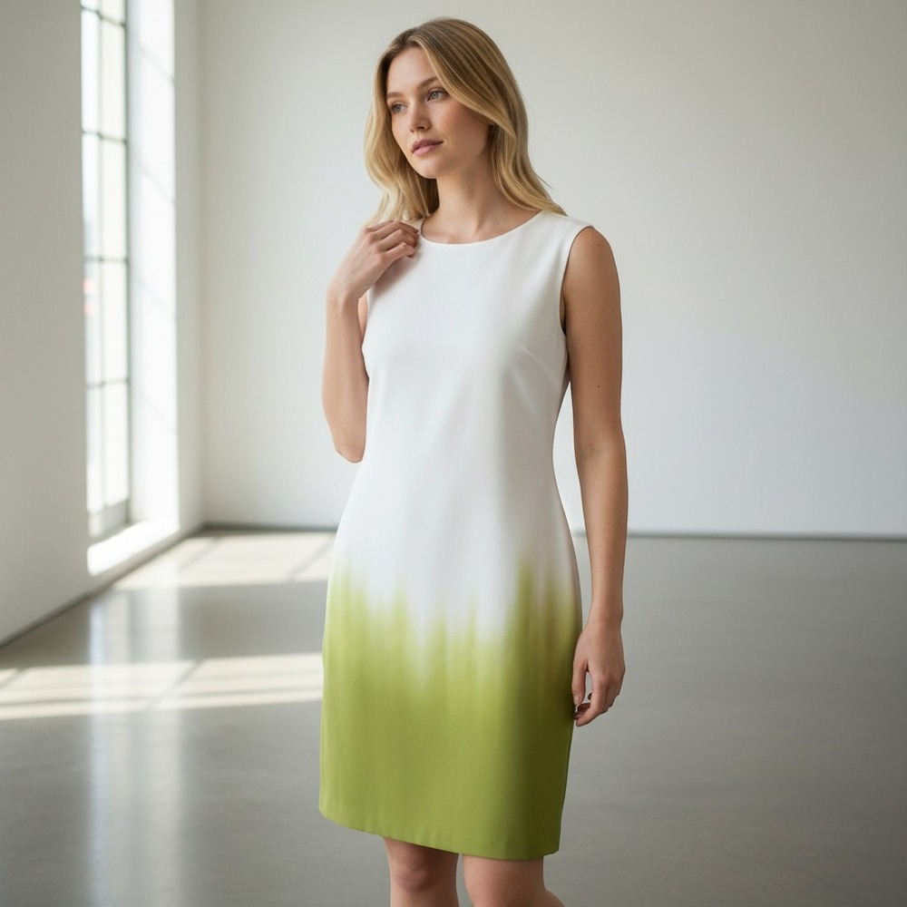 NEW DKNY Sheath Dress Women's 6 White Green Ombre Sleeveless Round Neck